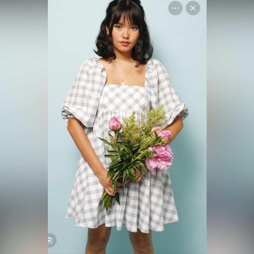 Storia Jolene Babydoll Mini Dress Size S Gingham Puff Sleeve Blue White